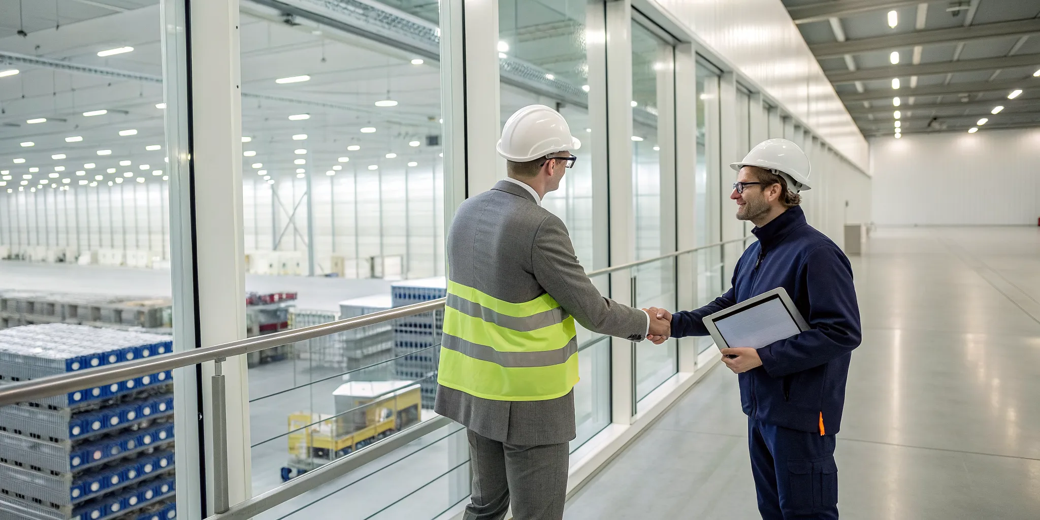 Manager shaking hands with a refrigeration contractor in a Kernersville food distribution center.