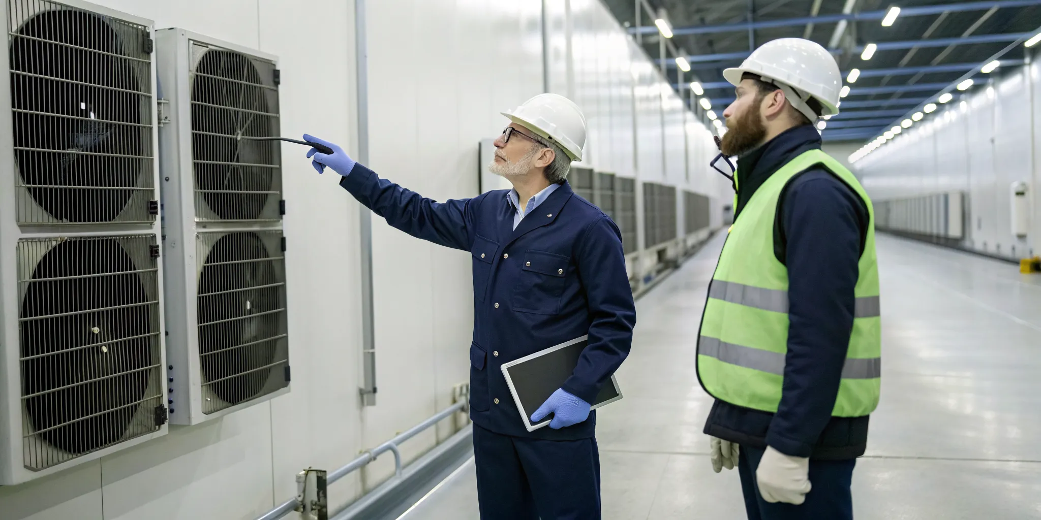 A refrigeration contractor's technicians service units at a Lewisville food distribution center.