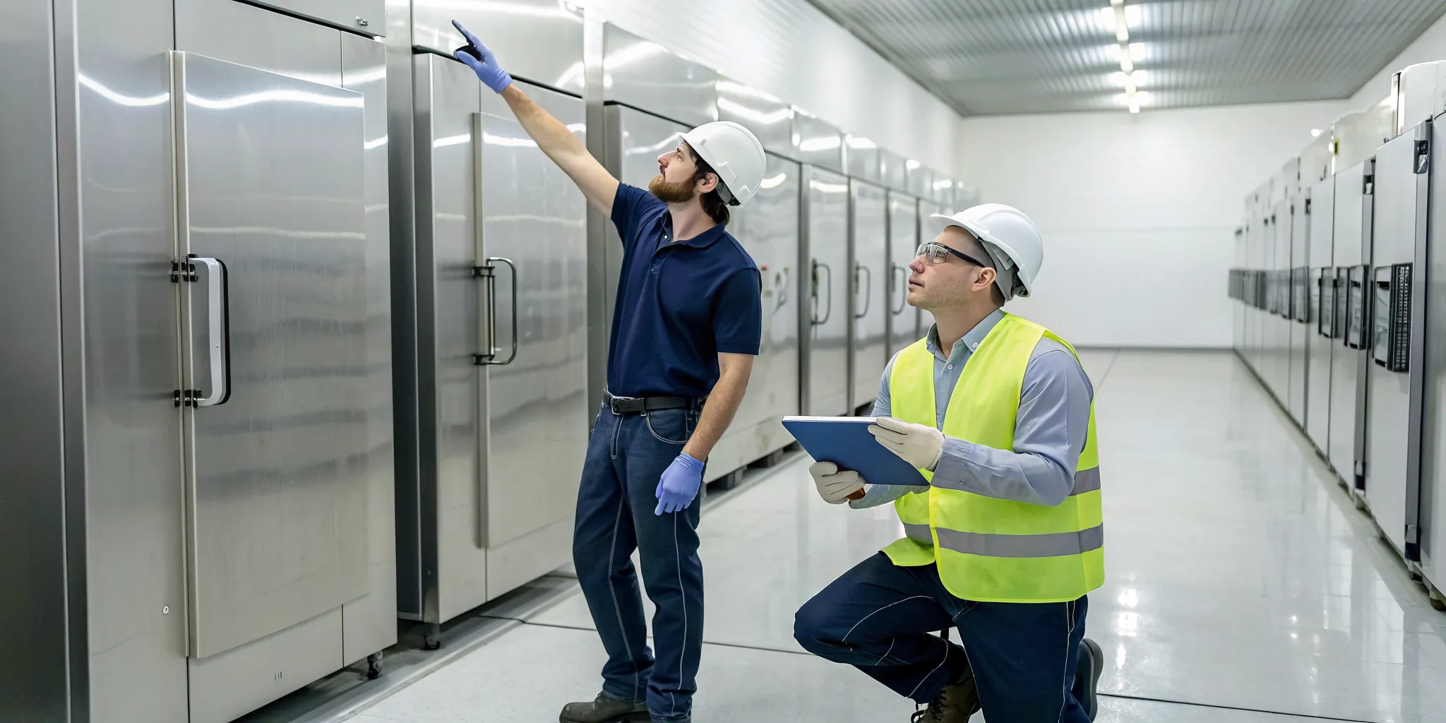 Workers in a Mocksville food distribution center inspect refrigeration units for contractor selection.