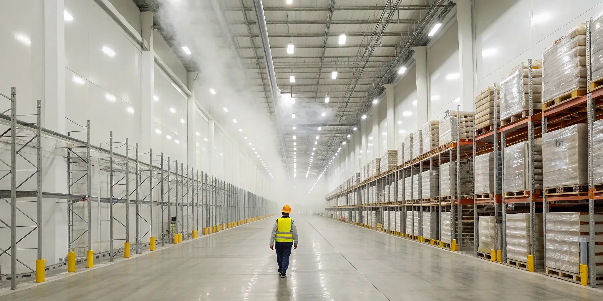 Refrigeration contractor inspecting a food distribution center warehouse with pallet racks in Winston-Salem.
