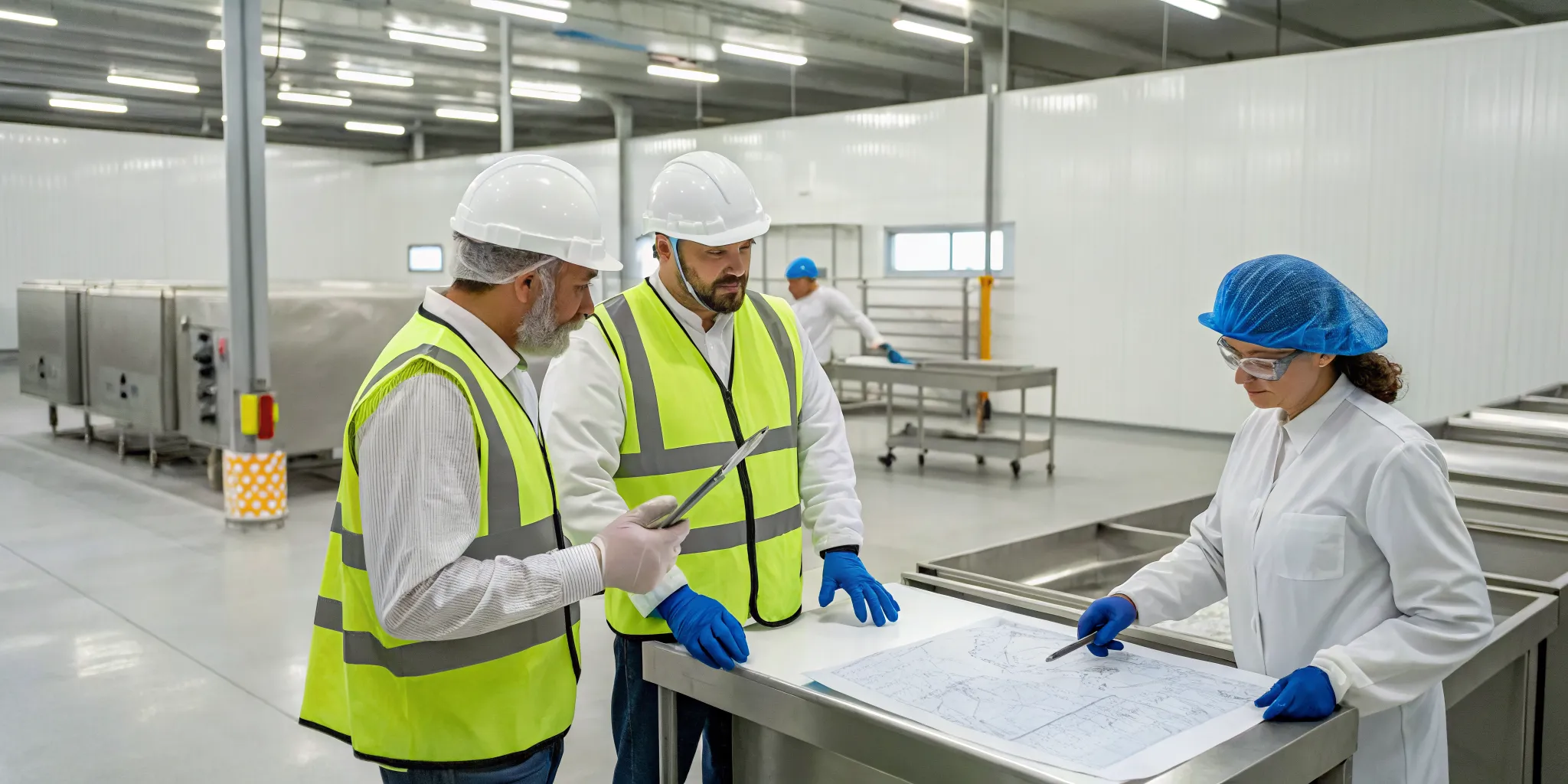 Yadkinville food distribution center workers reviewing refrigeration system plans with a contractor.