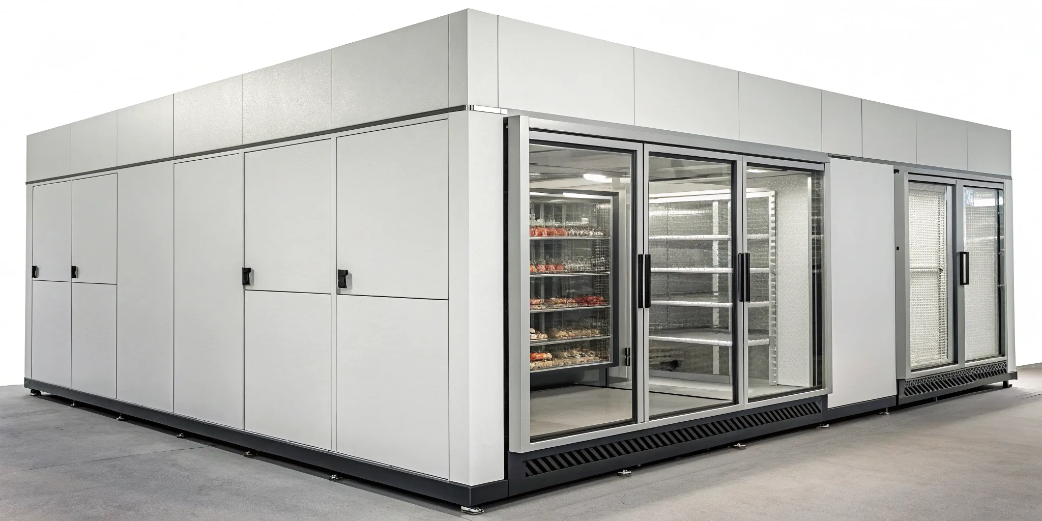 A custom walk-in cooler with glass doors and shelving designed for a restaurant.