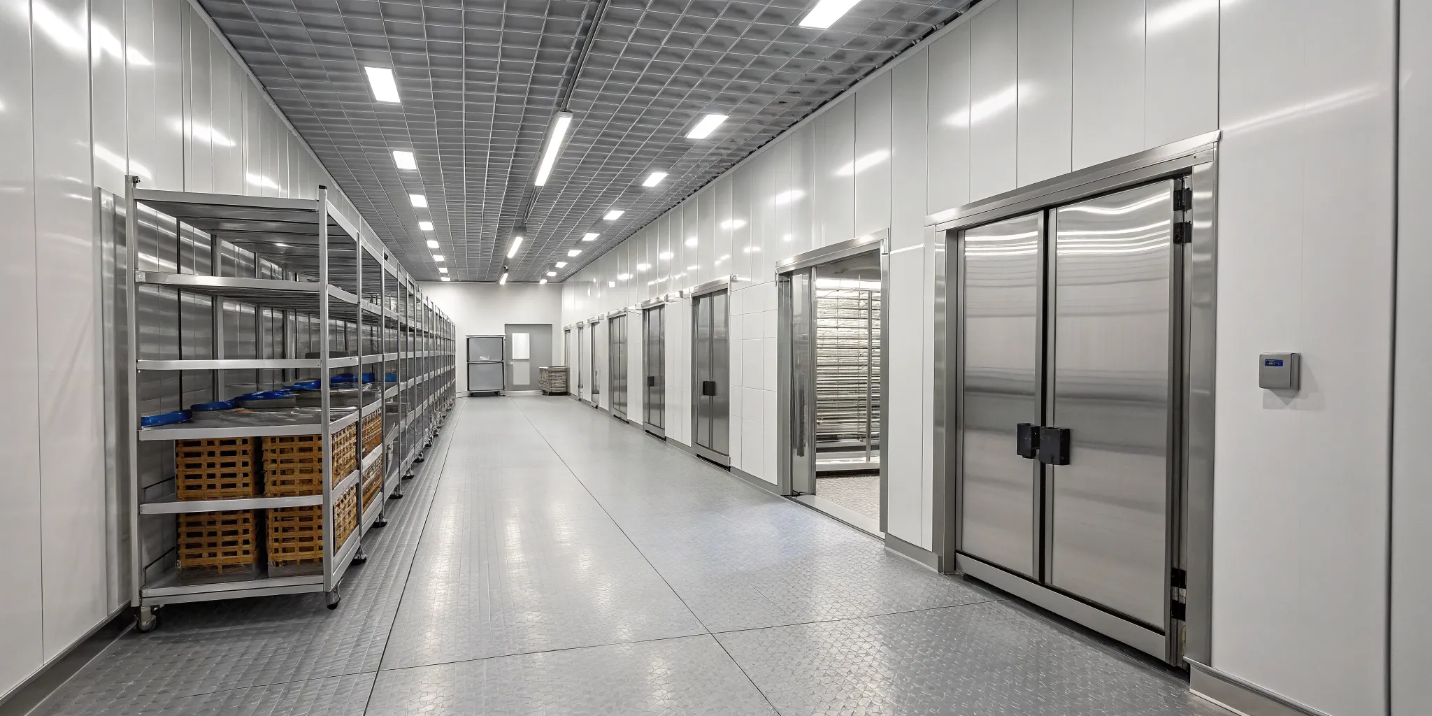 A walk-in cooler layout designed for efficient workflow with organized shelving and clear pathways.