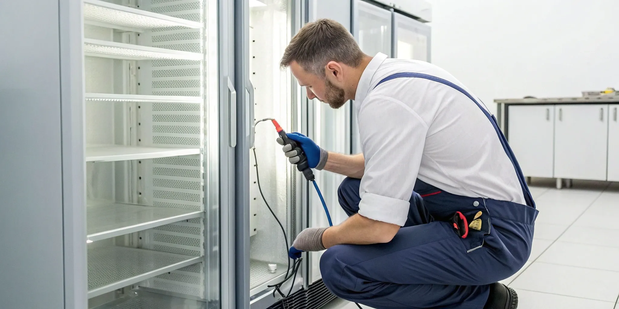 Technician diagnosing a commercial refrigeration leak with an electronic leak detector.