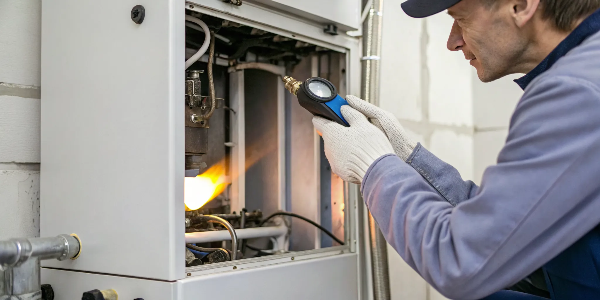 A technician inspects a furnace to detect a cracked heat exchanger and prevent a CO leak.