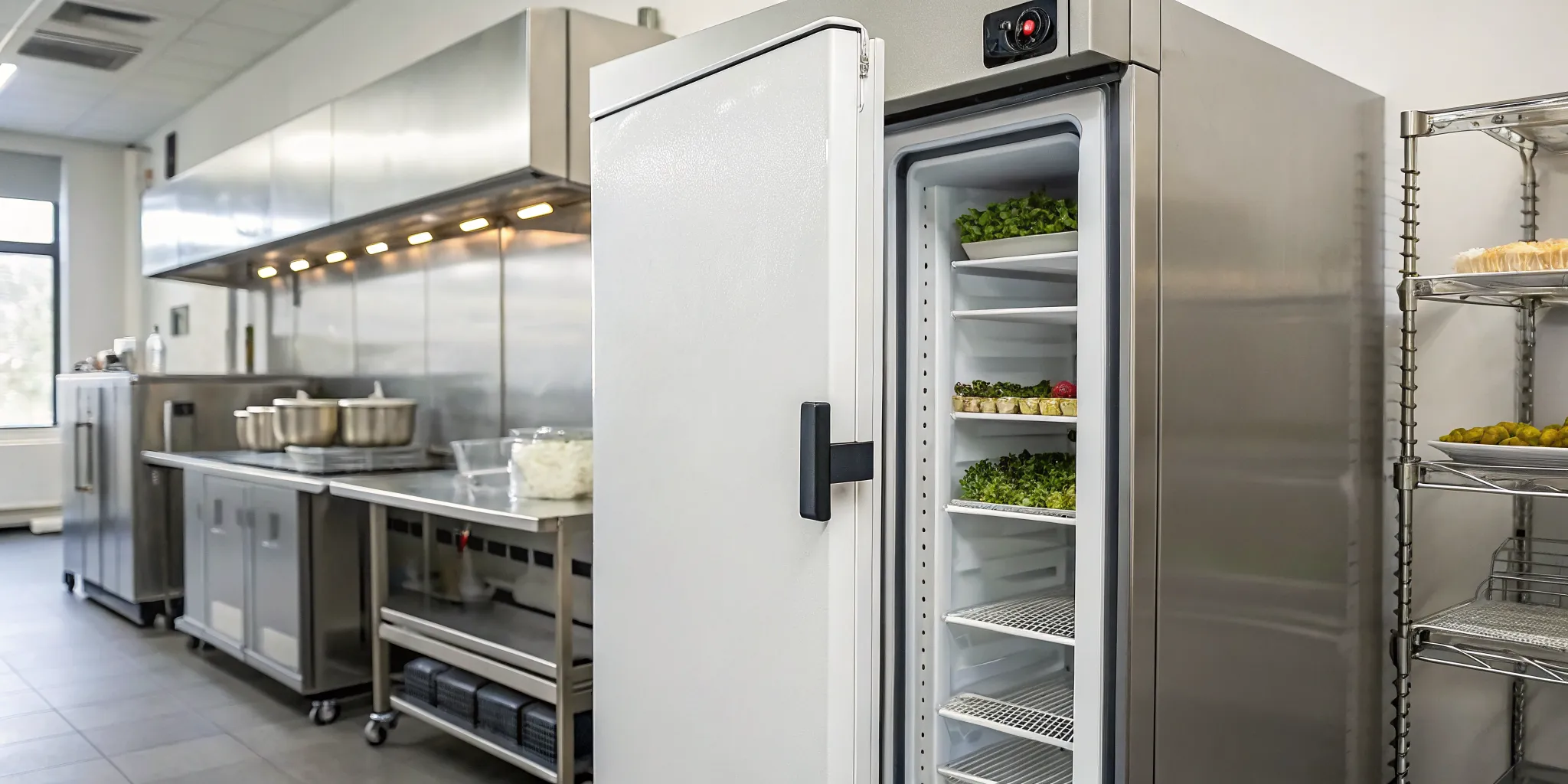 Open restaurant refrigerator with produce at risk of product loss from refrigeration downtime.