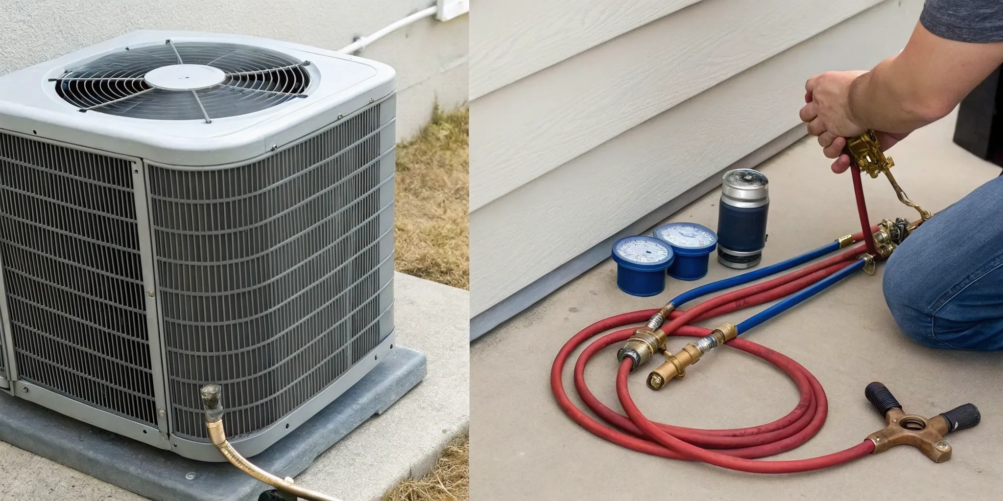 Technician gauges on an AC compressor to determine the cost of repair versus replacement.