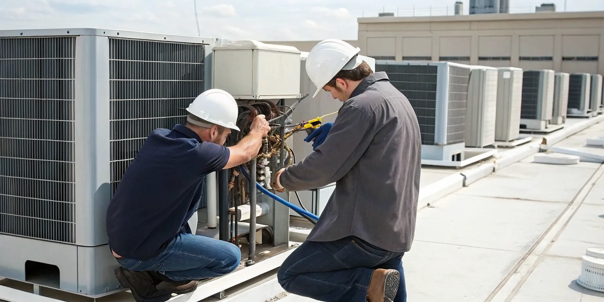 Technicians perform an emergency repair on a commercial HVAC unit on a Lexington facility rooftop.