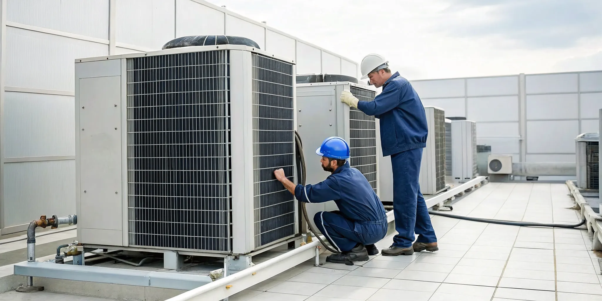 Commercial HVAC technicians inspecting rooftop units for emergency repairs in Clemmons.