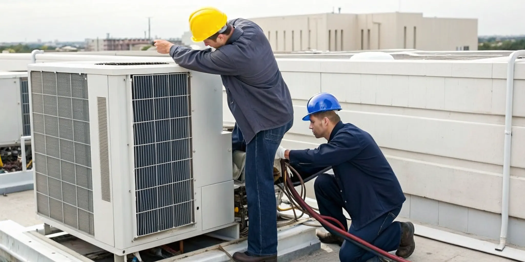 Commercial HVAC technicians perform an emergency repair on a rooftop unit in Lewisville.
