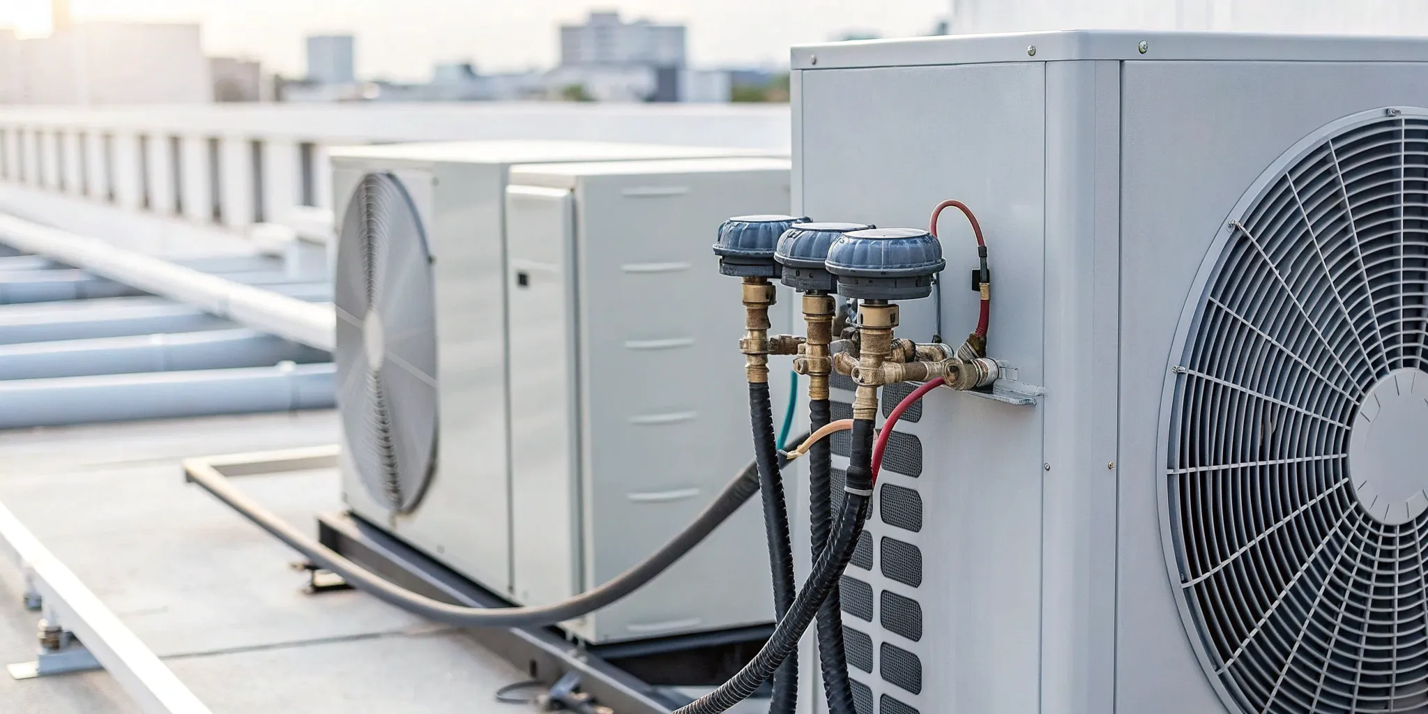 A heat pump compressor on a rooftop, a major part of the replacement labor cost.