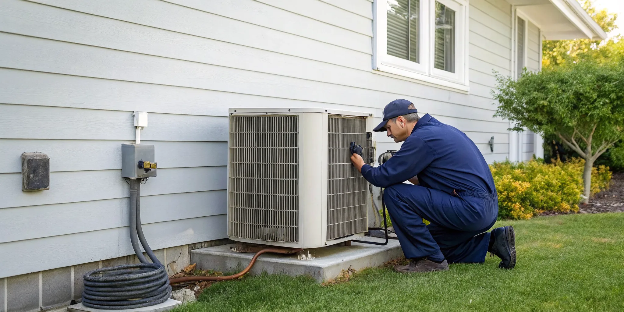 Technician inspecting an outdoor heat pump to determine if a repair is worth the cost.