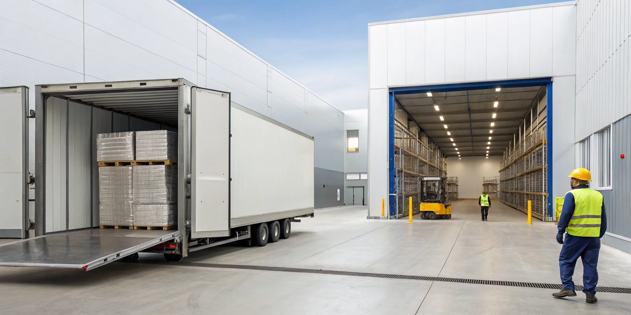 Workers loading a rented refrigerated trailer, a flexible alternative to on-site cold storage.