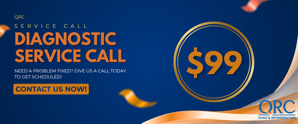 Promotional graphic for QRC HVAC & Refrigeration offering a diagnostic service call for $99, with a “Contact Us Now!” button and gold accents on a blue background.