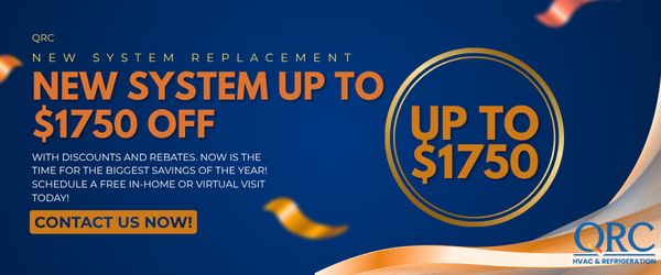 Promotional banner for HVAC system replacement offering up to $1750 off, with a call to schedule a visit and contact button. QRC HVAC & Refrigeration branding is shown.