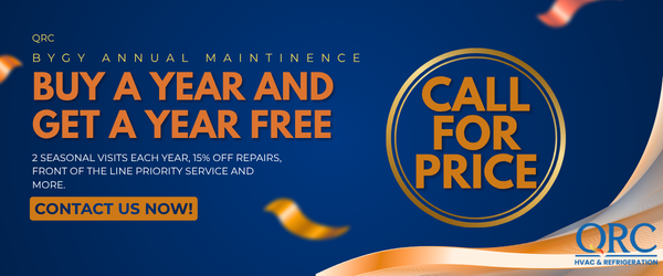 A promotional banner for QRC HVAC & Refrigeration offering "Buy a Year and Get a Year Free" annual maintenance with additional benefits, and a prompt to contact for pricing.
