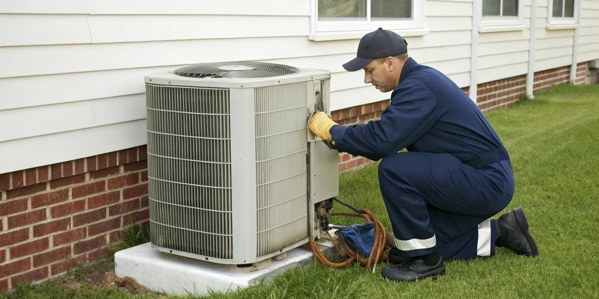 AC repair technician servicing an outdoor unit for a home in Greensboro, NC.