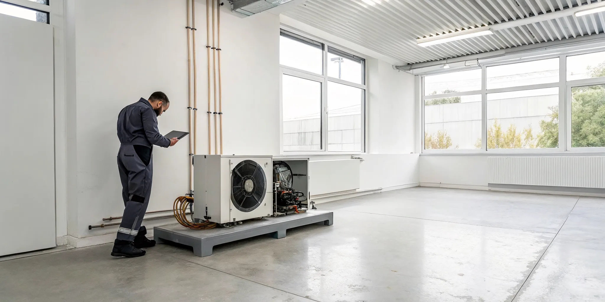 HVAC technician calculating the cost to fix a heat pump.