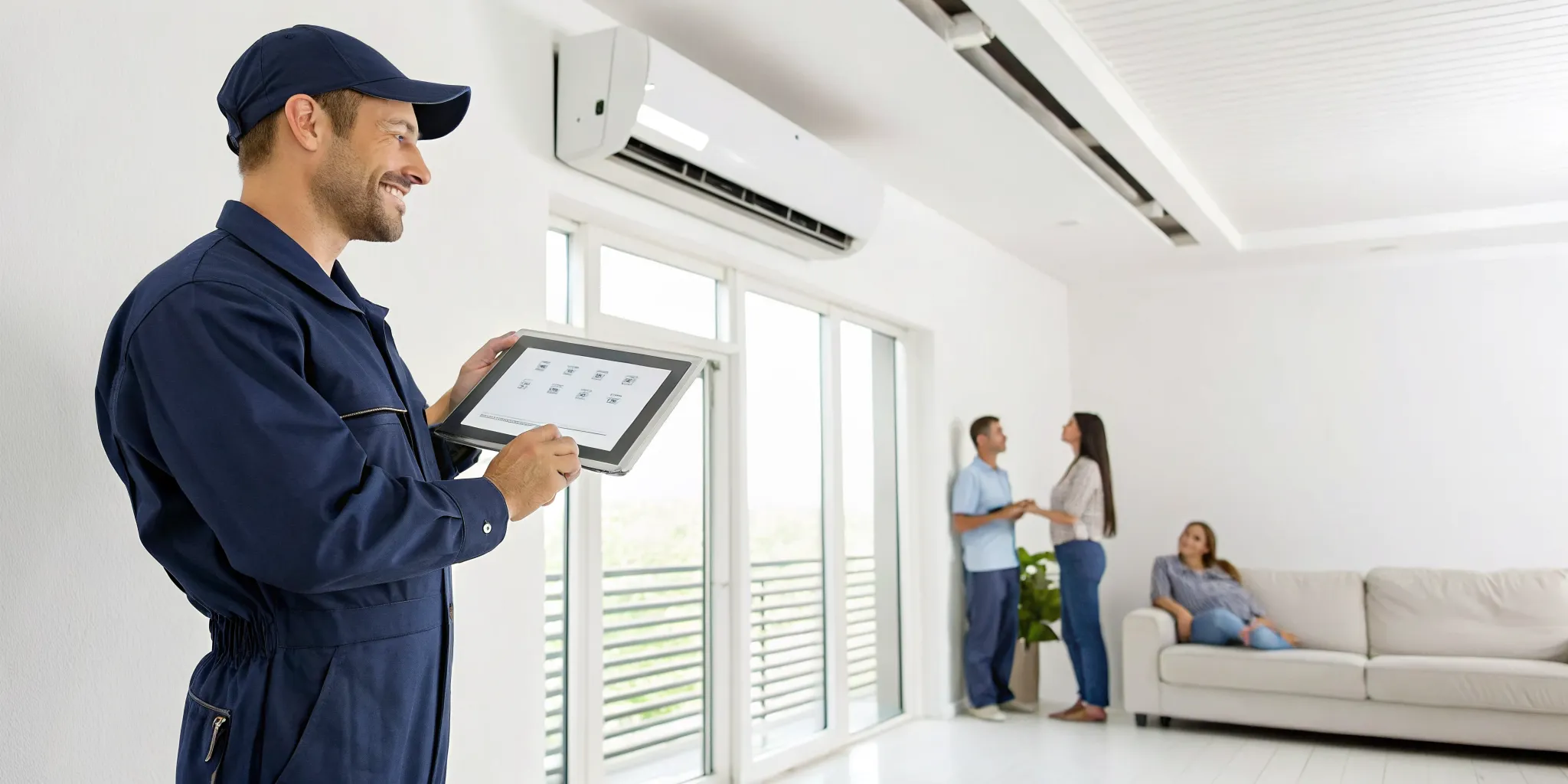 An HVAC technician explains a free AC installation quote to homeowners.