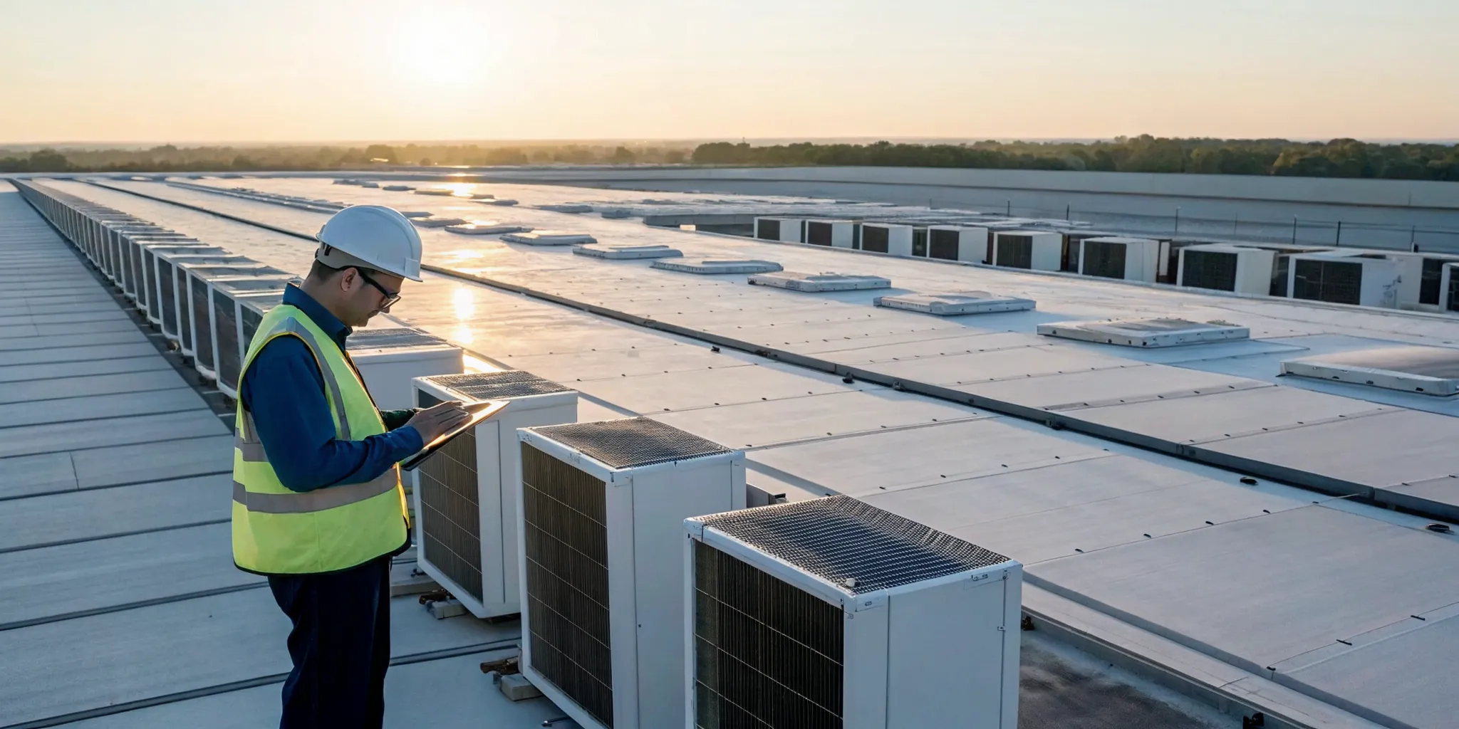 A technician monitors warehouse HVAC units in High Point with advanced diagnostics to prevent downtime.