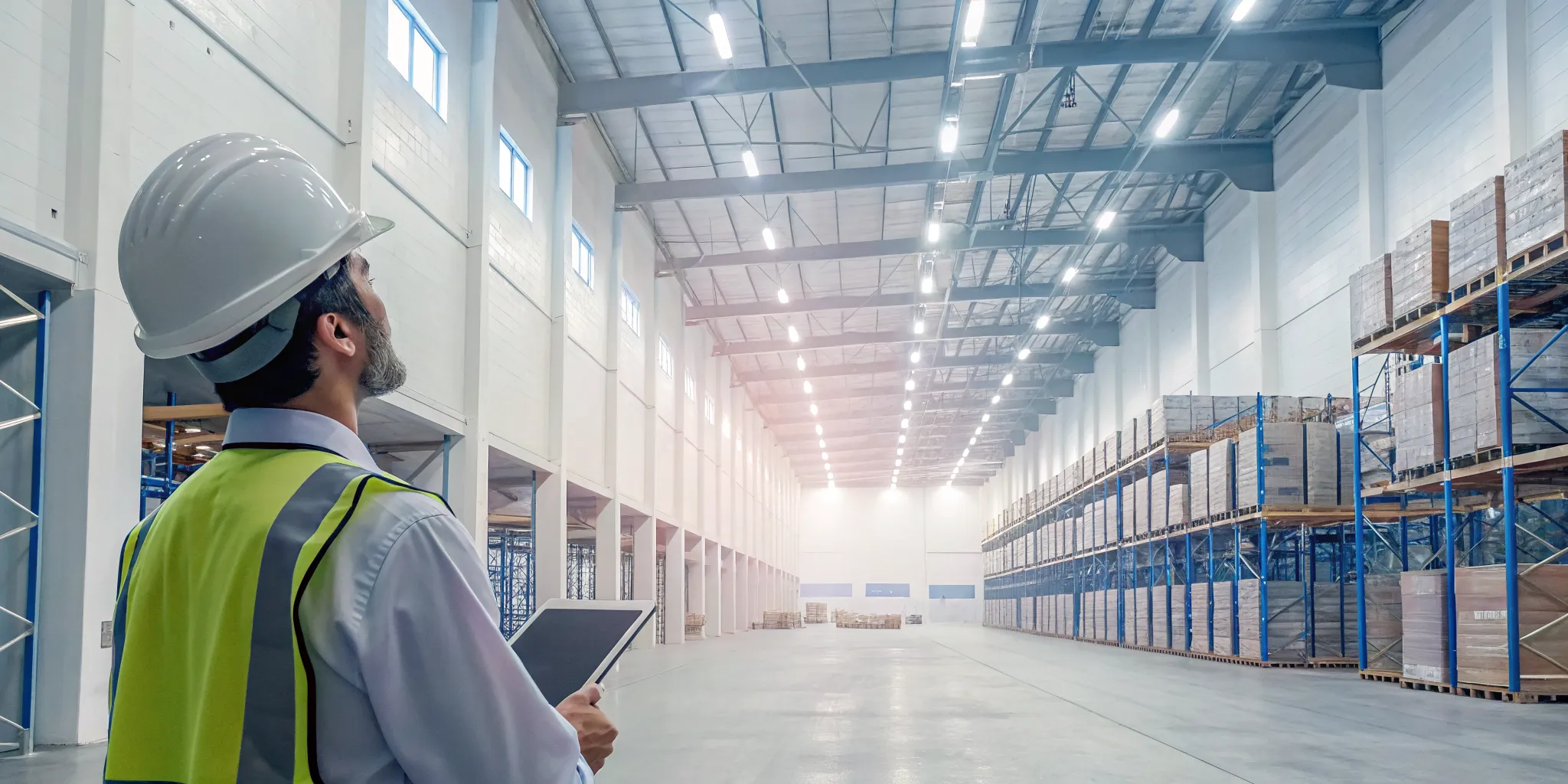 Manager using a tablet for advanced HVAC diagnostics in a large Winston-Salem warehouse.