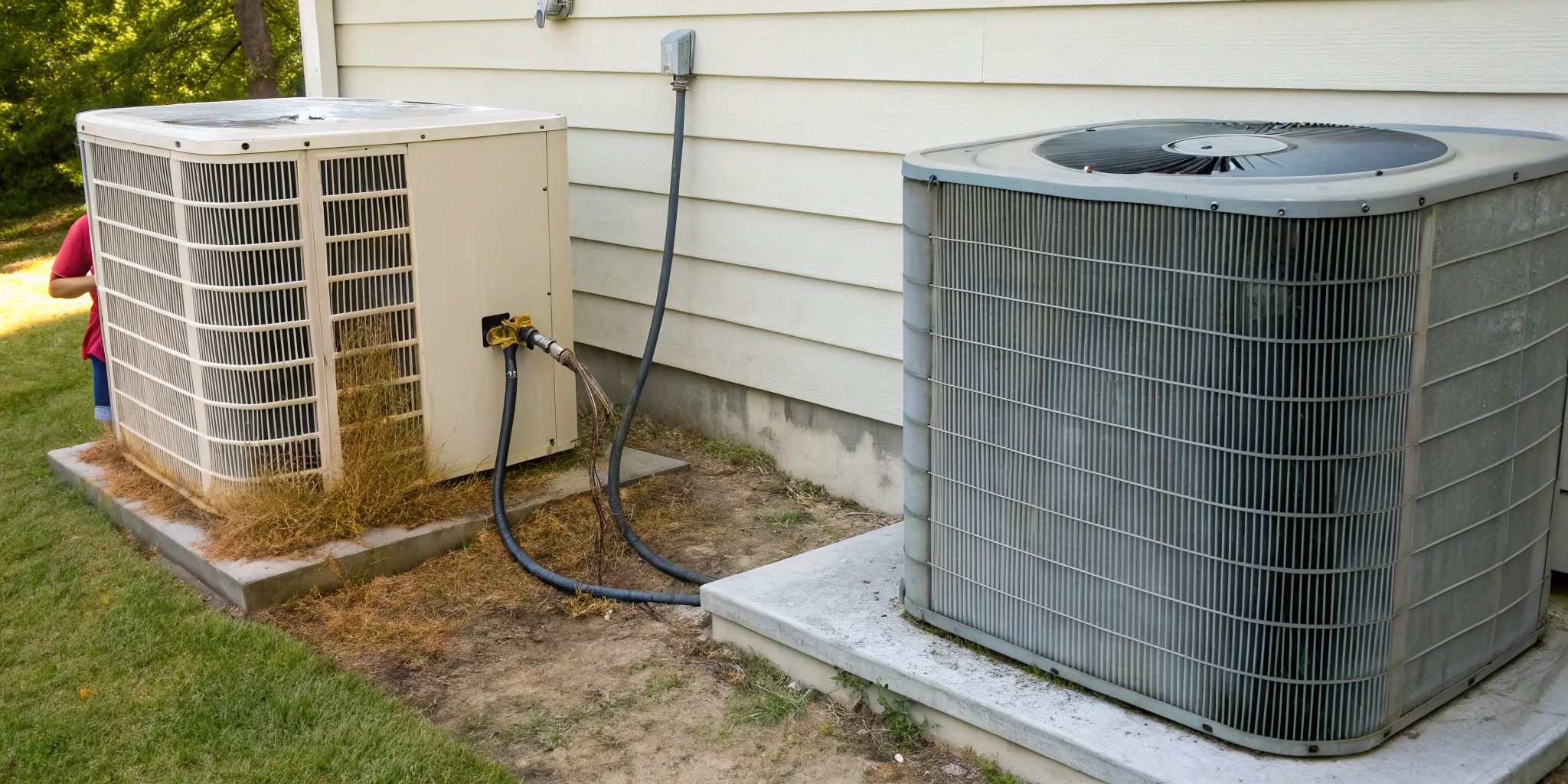 A dirty condenser coil next to a clean one, affecting an AC's electricity usage in Yadkinville.