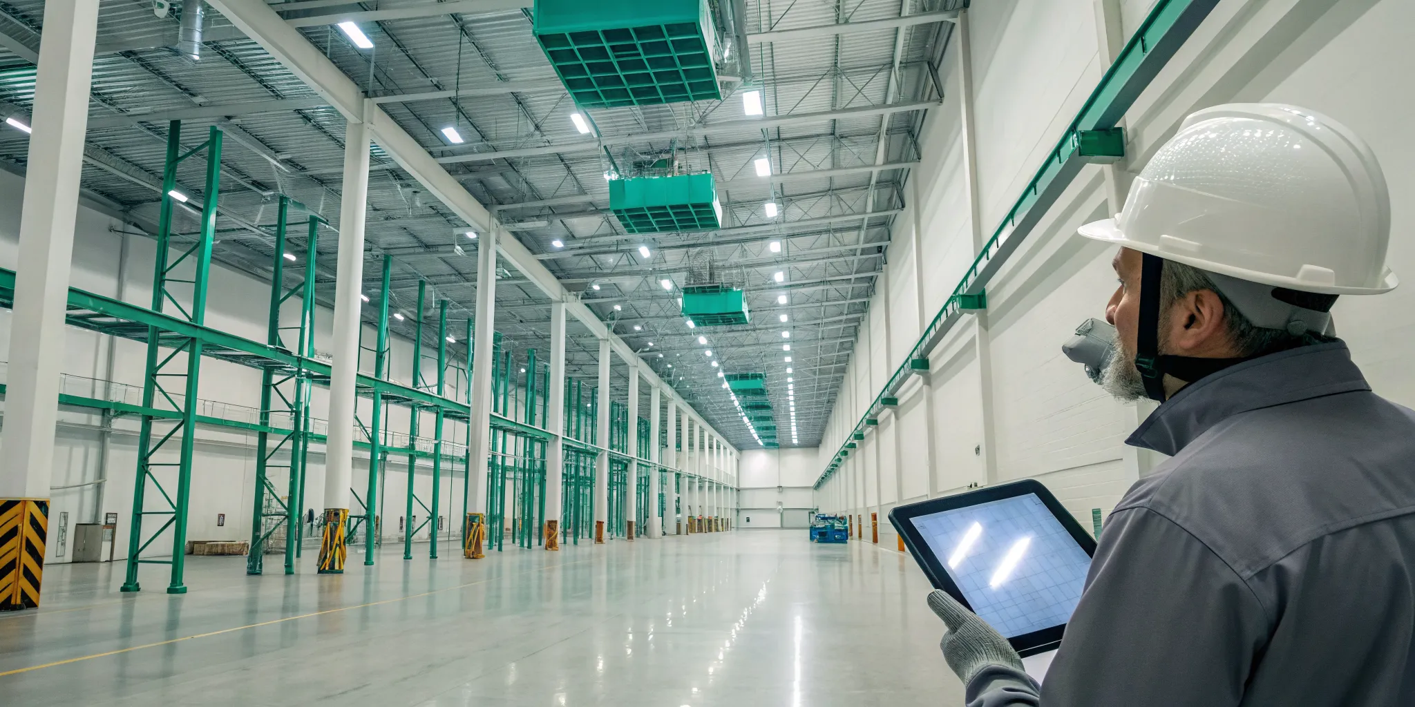 Technician uses advanced HVAC diagnostics on a tablet to reduce warehouse downtime in Yadkinville.