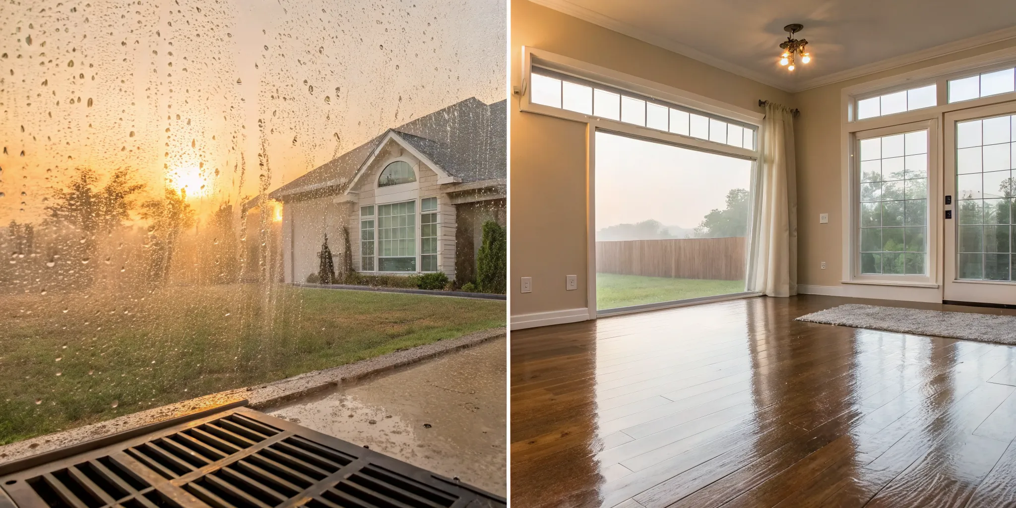 A window with condensation, a sign that high summer humidity in Lewisville is straining AC performance.