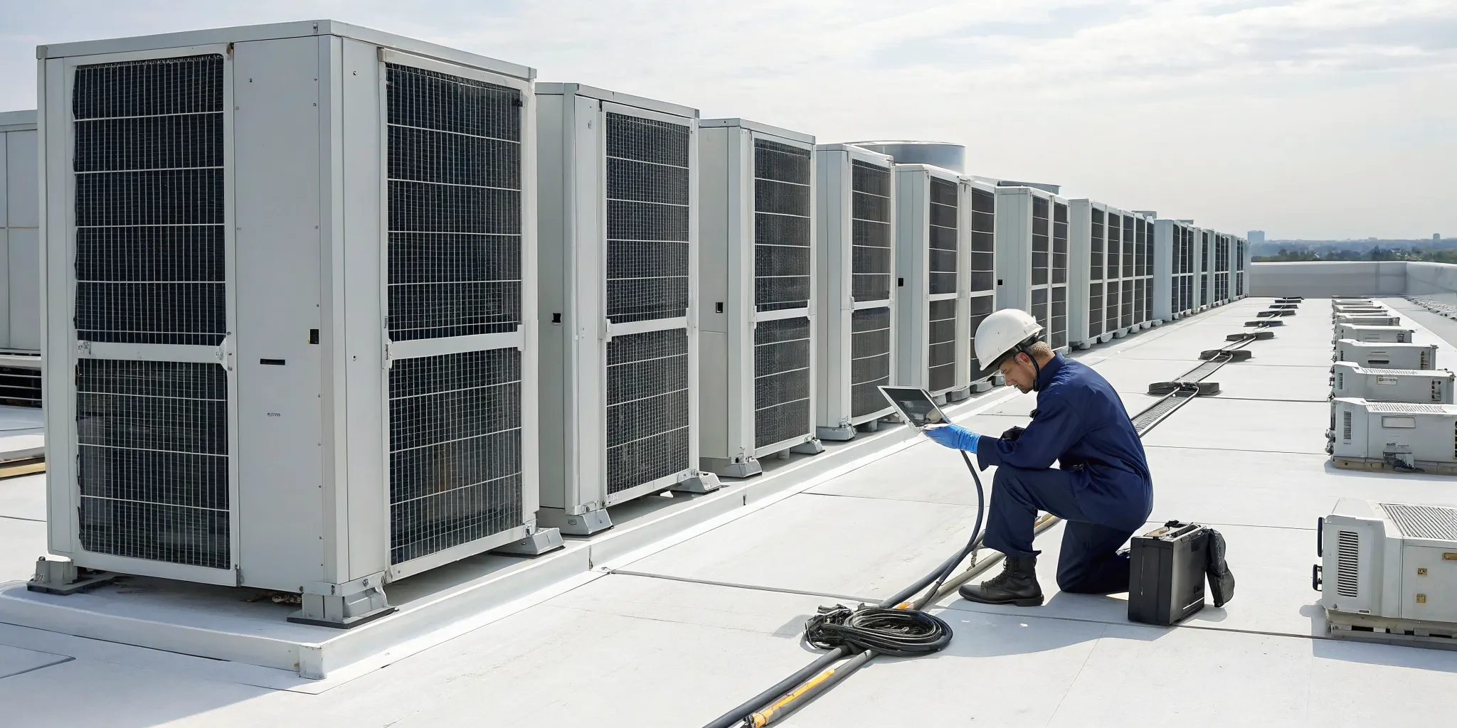 Technician performing routine maintenance on a commercial rooftop AC unit.