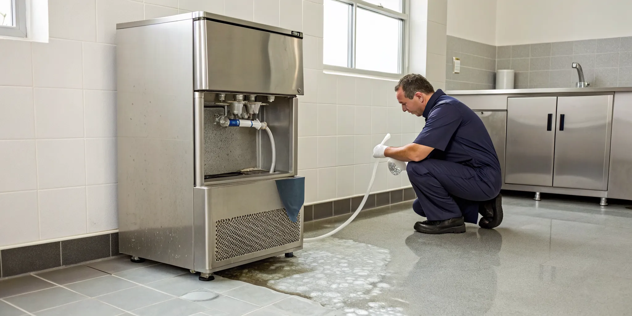 A technician repairs a leaking ice machine as water pools on the floor.
