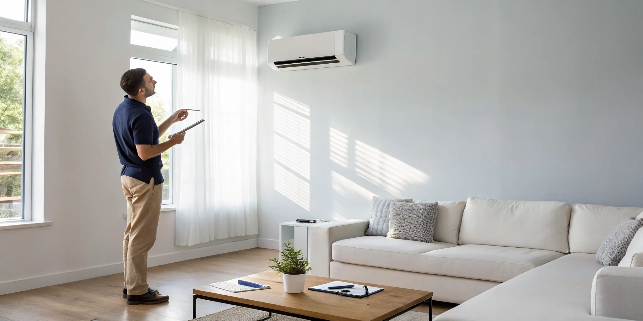 HVAC technician assessing a living room for a mini split installation quote.
