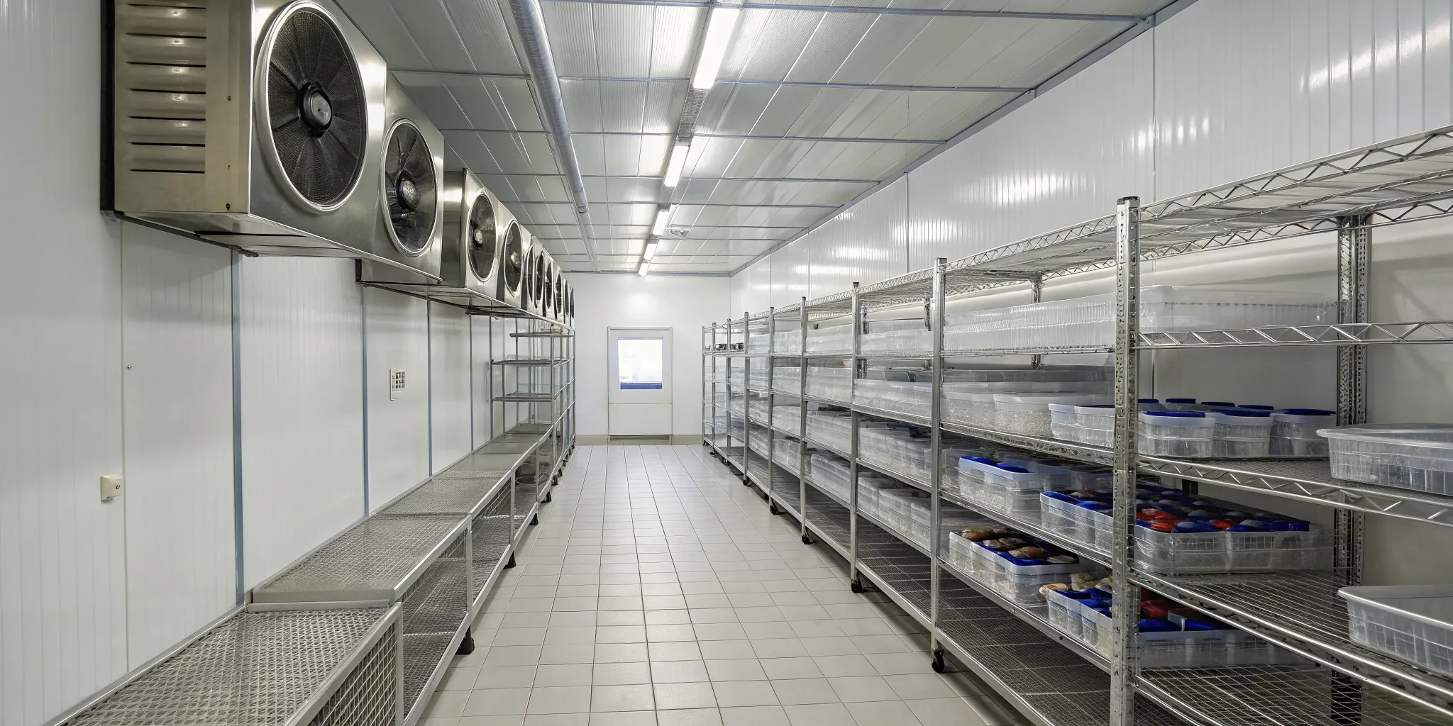 Organized walk-in cooler shelves in Lexington with clear space for airflow to prevent uneven cooling.