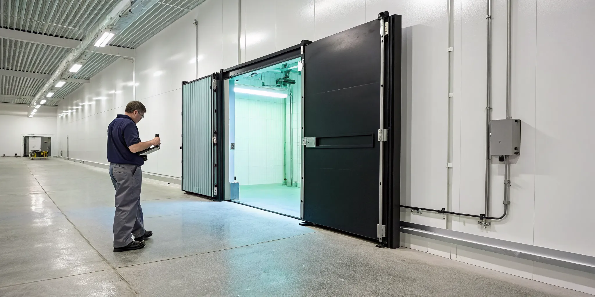 Technician troubleshooting a walk-in cooler's faulty door seal.