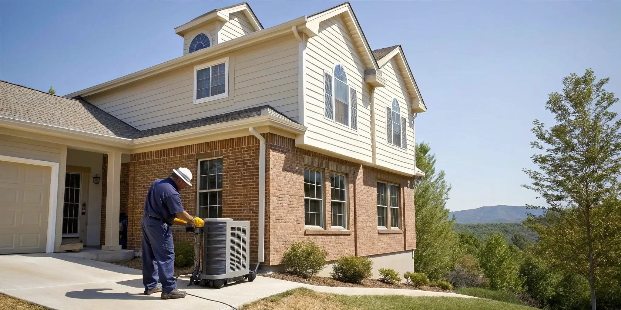 Residential AC installation in Oak Ridge with a technician installing the outdoor unit.