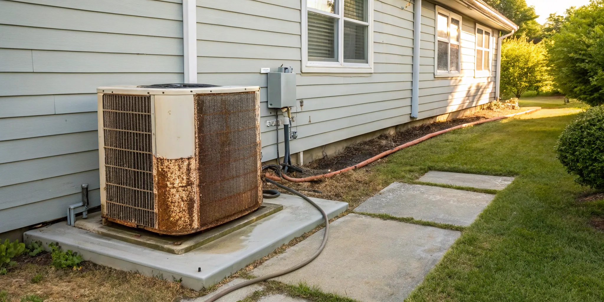 Old, rusted AC unit that needs to be replaced instead of repaired.