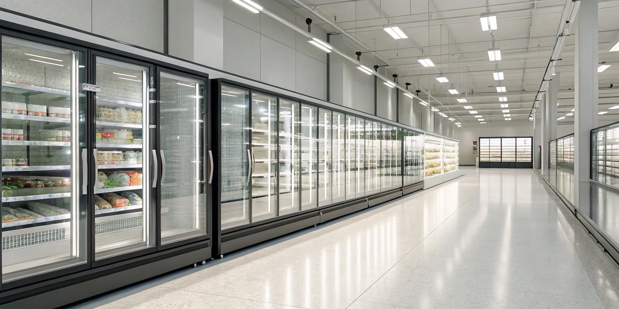 Future of commercial refrigeration shown in modern units with glass doors and energy-efficient LED lighting.