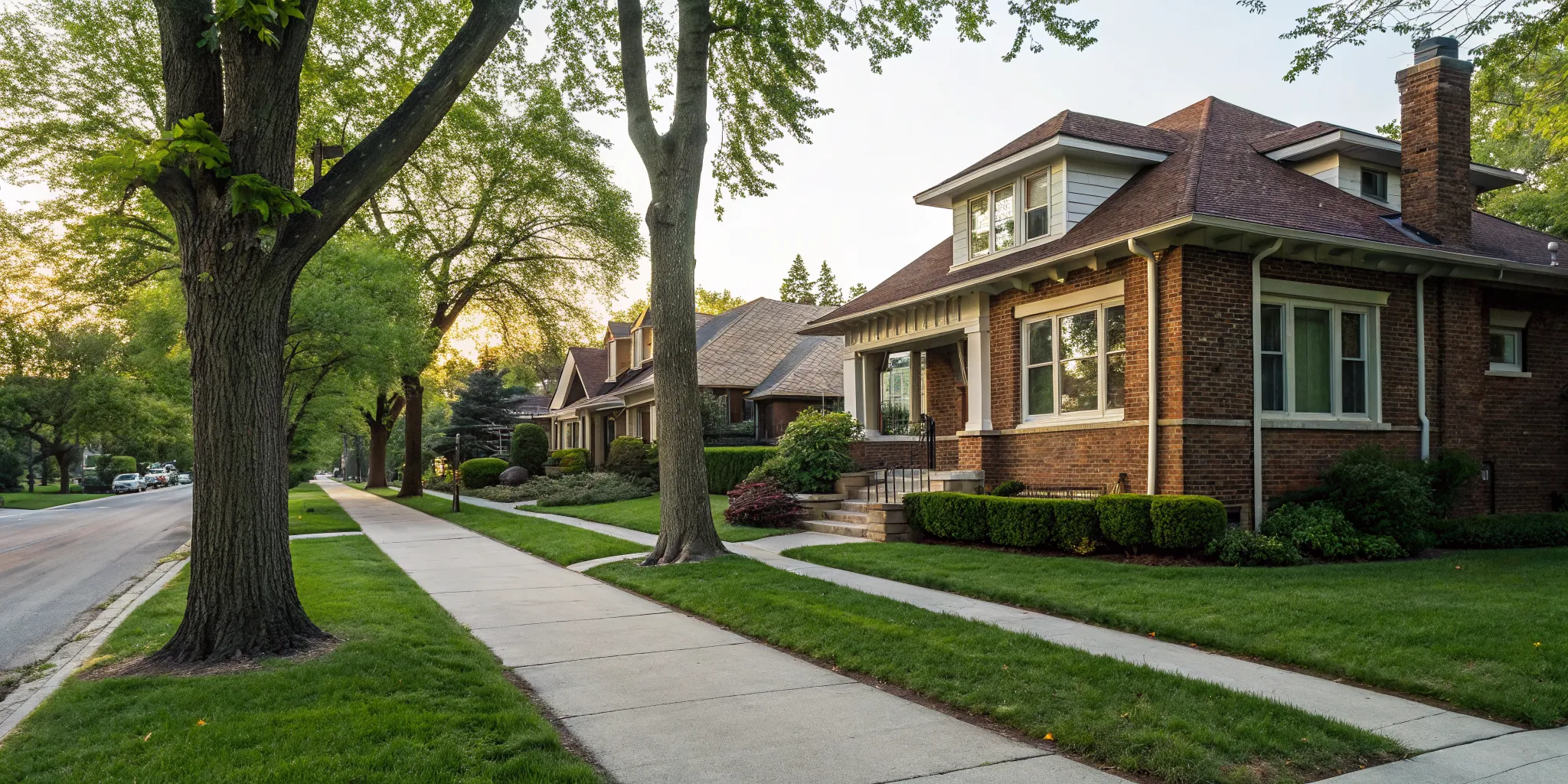 Brick homes on a street in Old Irving Park, a common setting for an AC replacement.