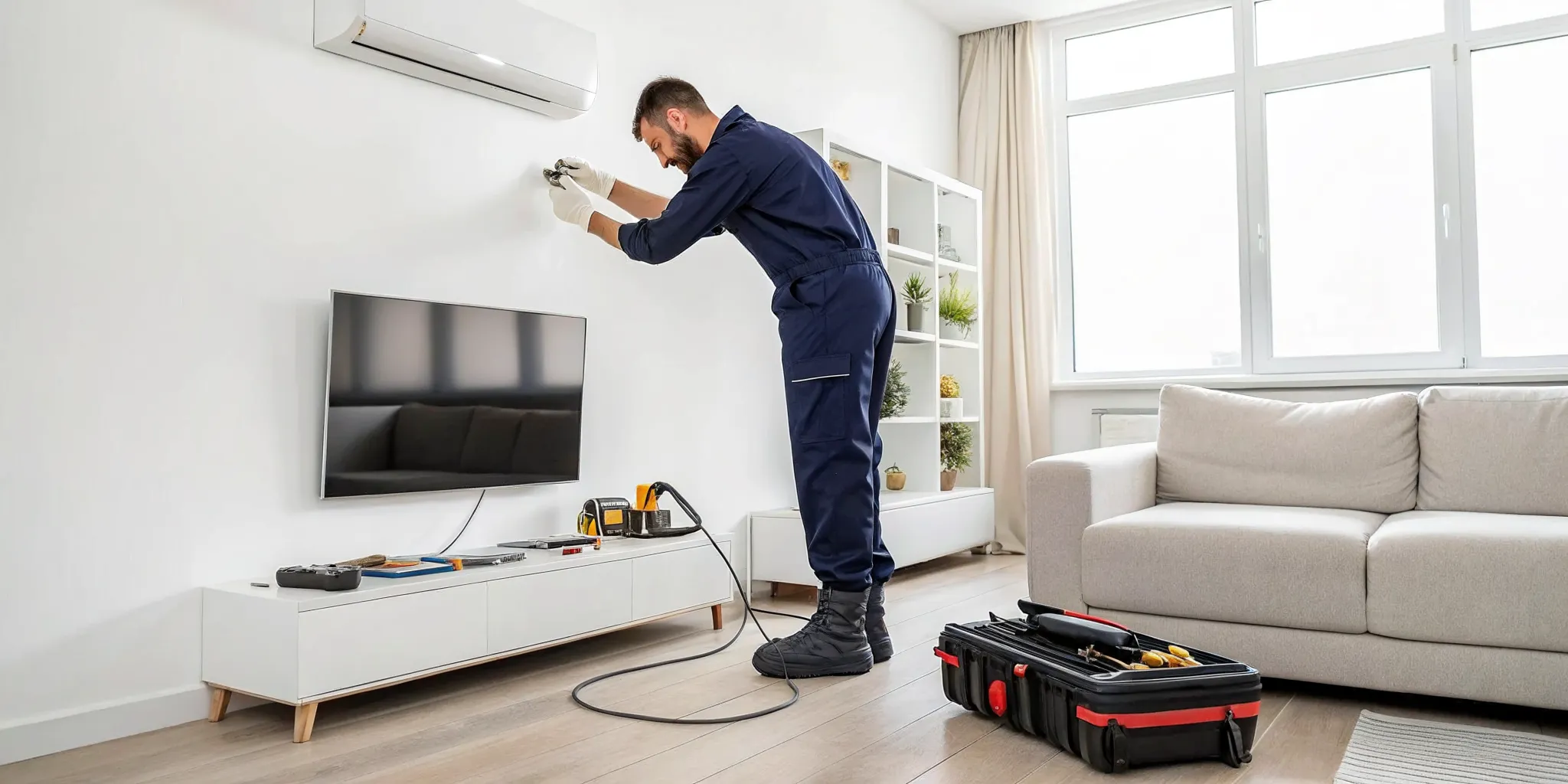 AC repair technician servicing a wall unit in a Buena Vista home.