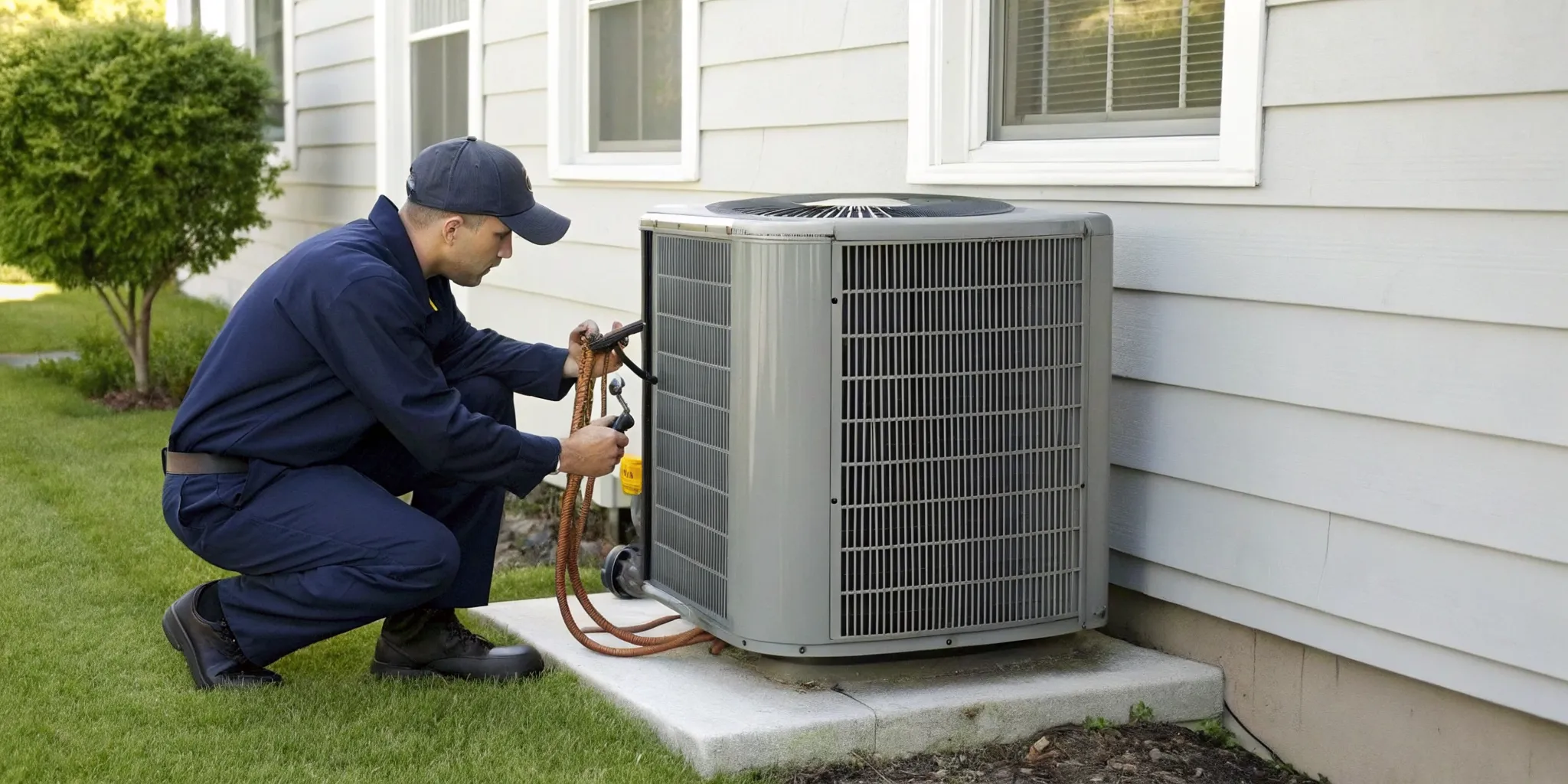 HVAC technician installing a replacement AC unit at a Salem Glen home.