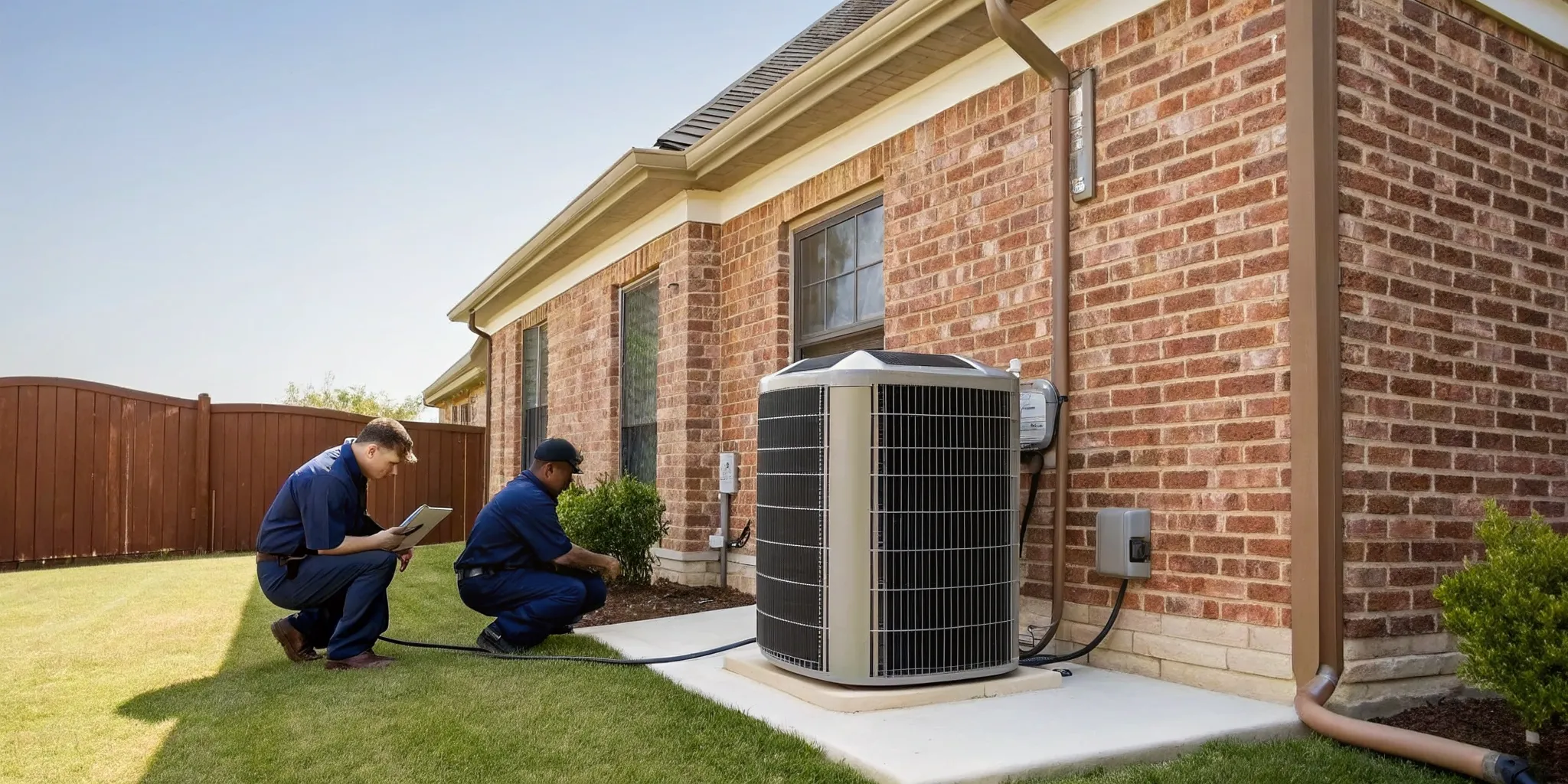 Air conditioning installation in Lewisville by HVAC technicians working on an outdoor unit.