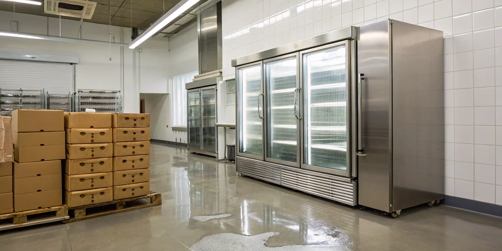Puddles by a commercial refrigerator, a warning sign that ignoring refrigeration repair is a costly mistake.