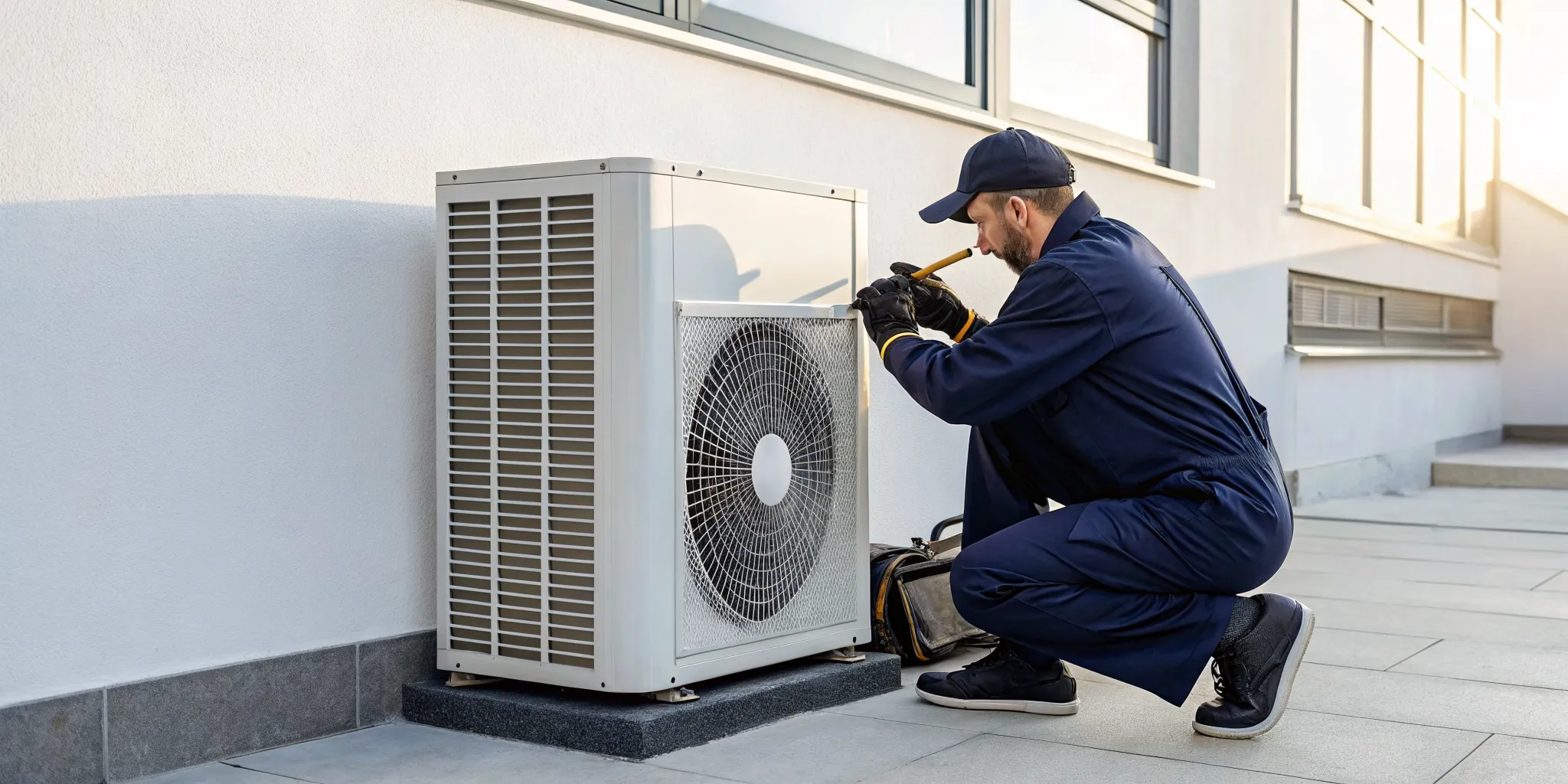Technician inspecting an outdoor heat pump that is not blowing hot air.