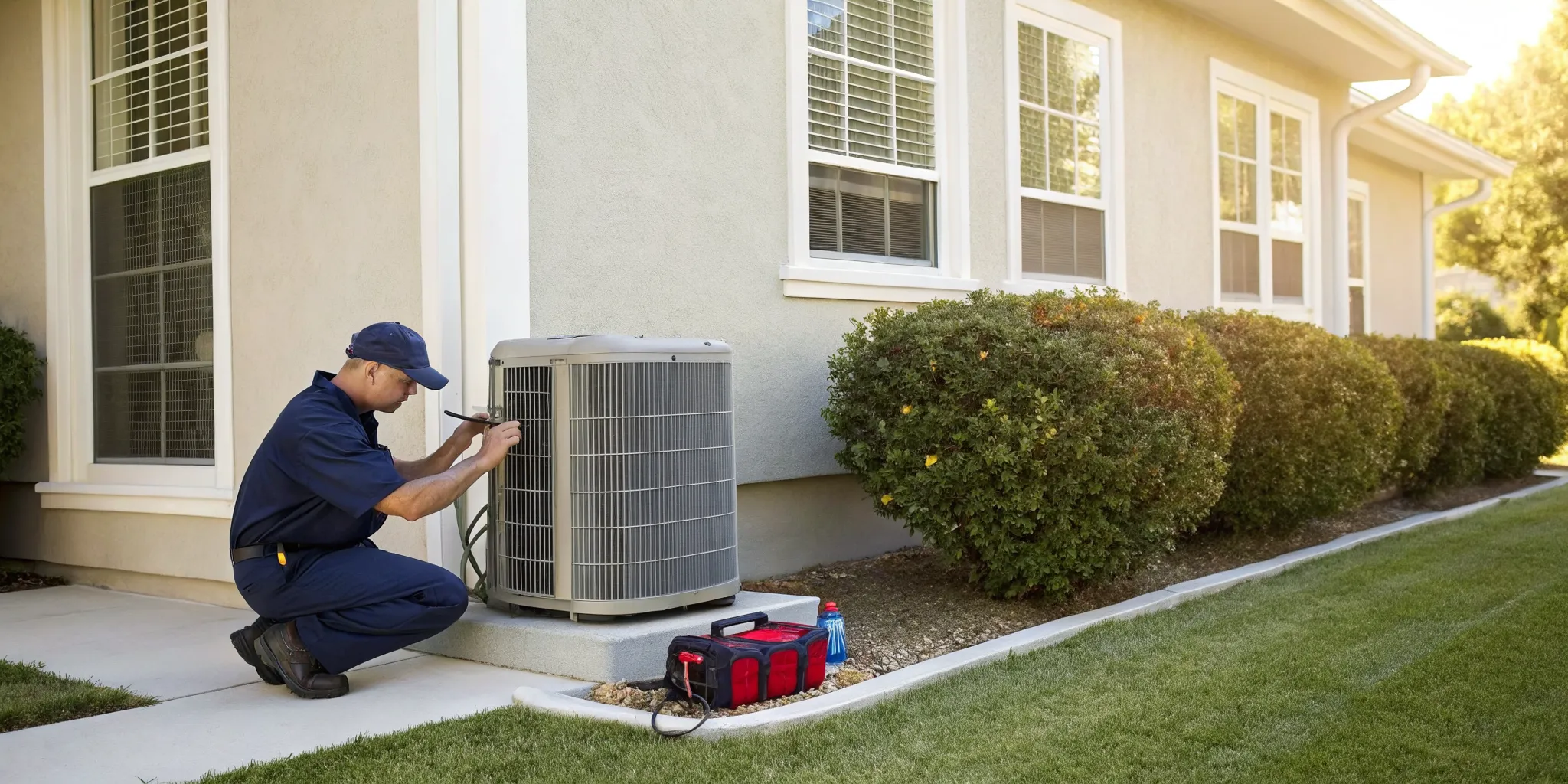 Technician providing home air conditioner service in Summerfield.