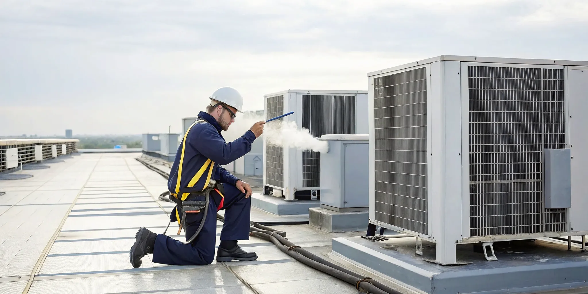 Technician inspecting a rooftop HVAC unit to detect potential airflow issues.