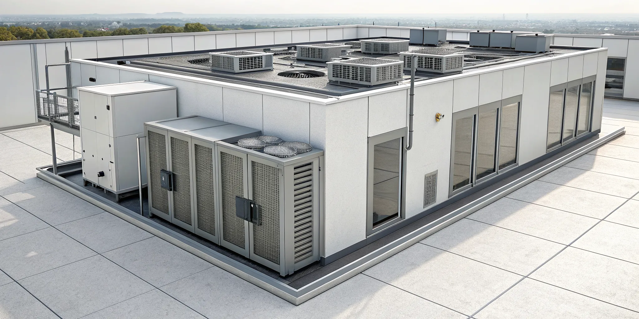 A rooftop packaged commercial HVAC unit, a key difference from split HVAC systems.