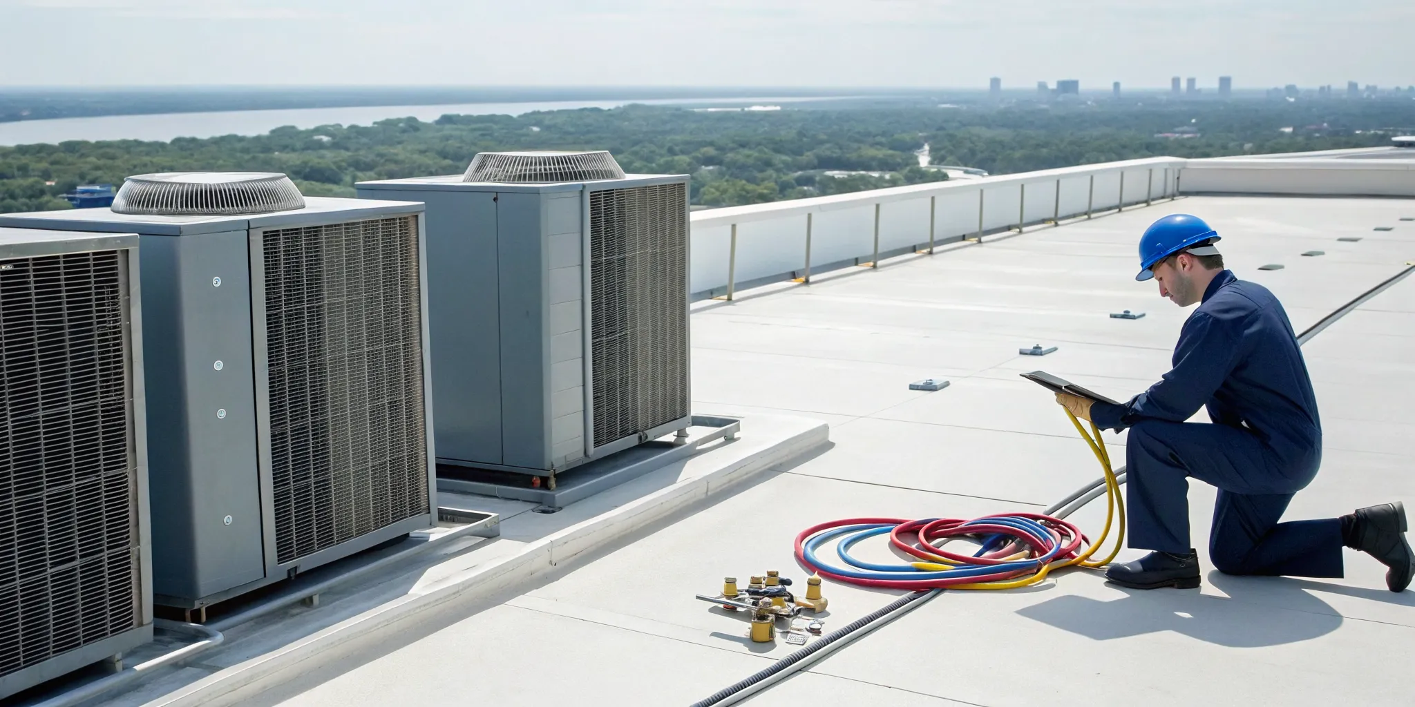 HVAC technician servicing a rooftop unit with synthetic refrigerants in Lewisville.