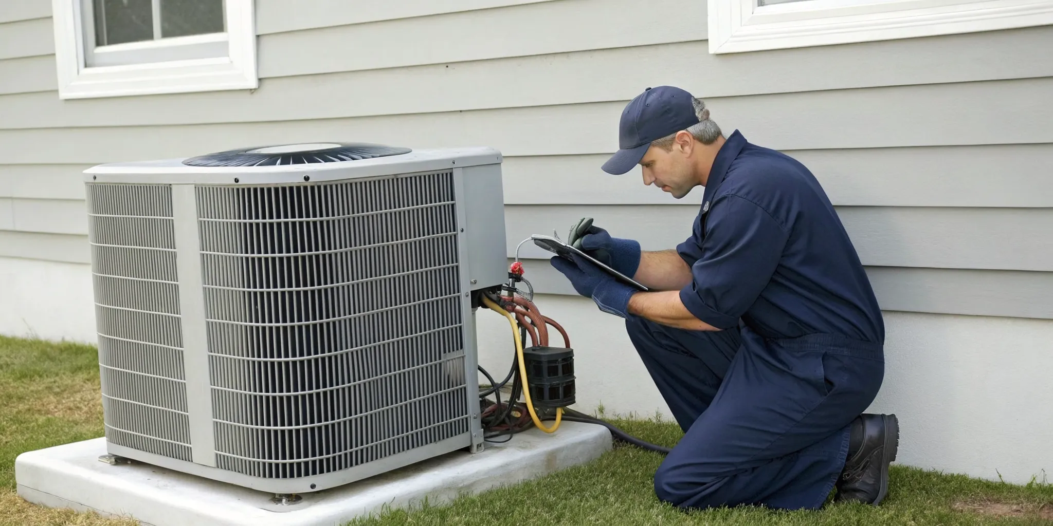 AC repair technician servicing an outdoor unit in Salem Glen.