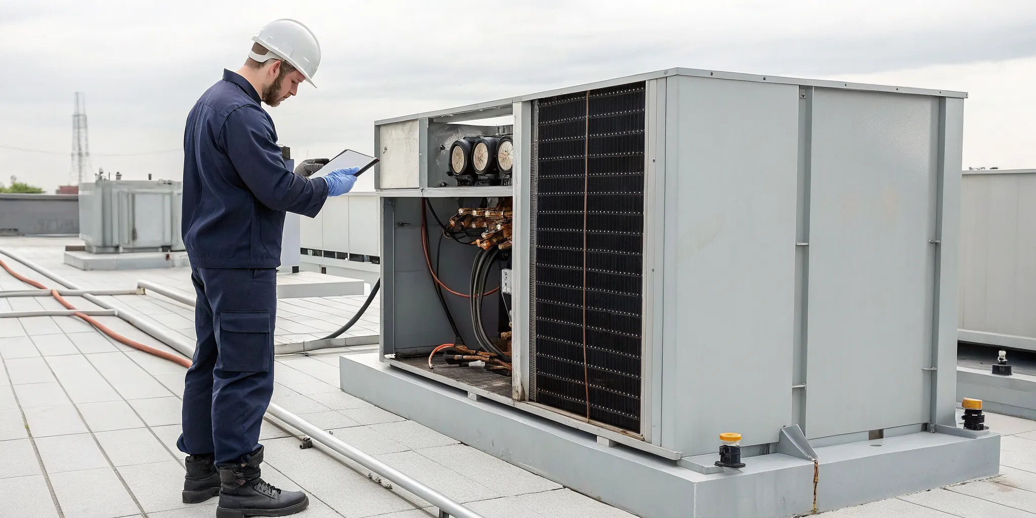 HVAC technician performing service and repair on a commercial rooftop unit.
