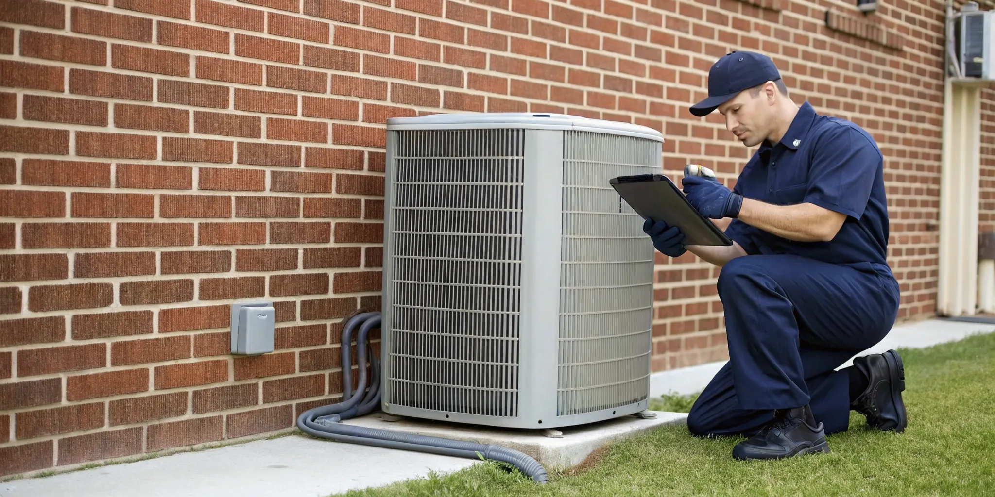 Heating and cooling company technician performing HVAC maintenance in Lewisville.