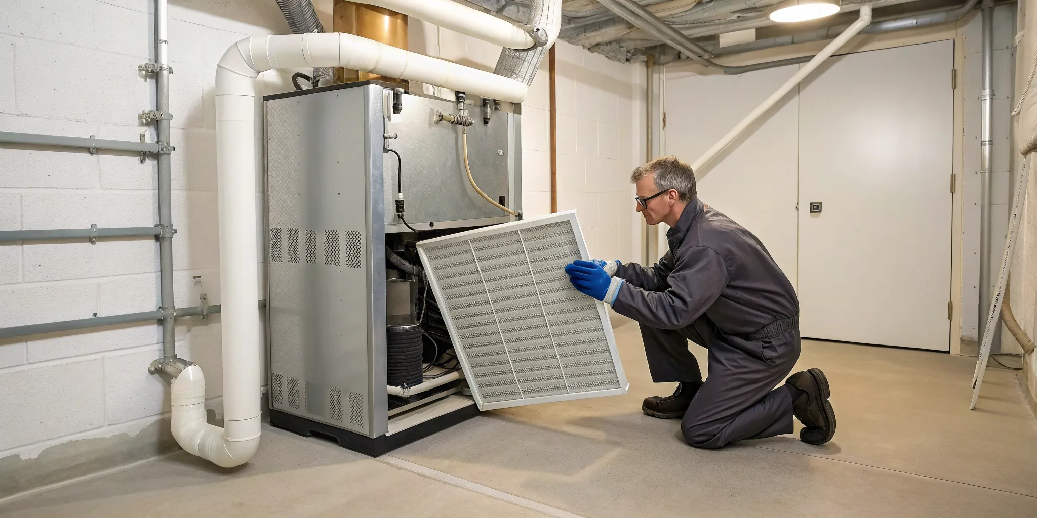 A technician changes a furnace filter to fix a furnace that is cycling on and off too frequently.